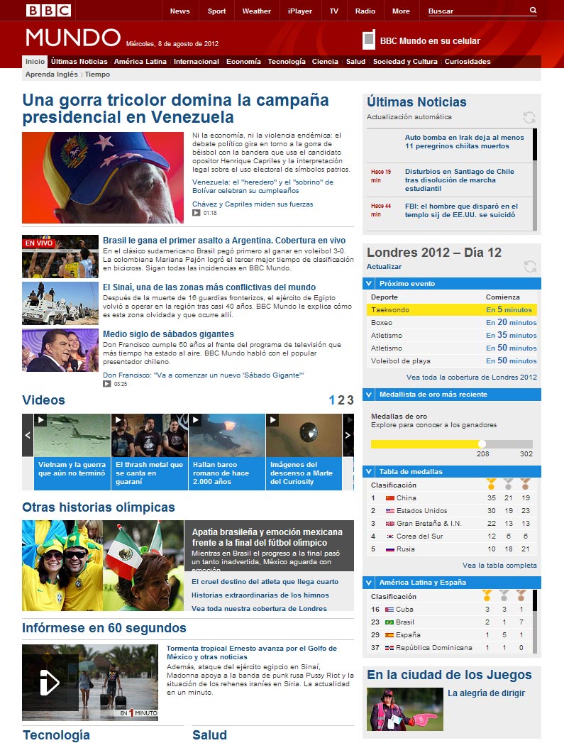 The Olympics live action module displayed in the single-column layout on the Spanish language home page.