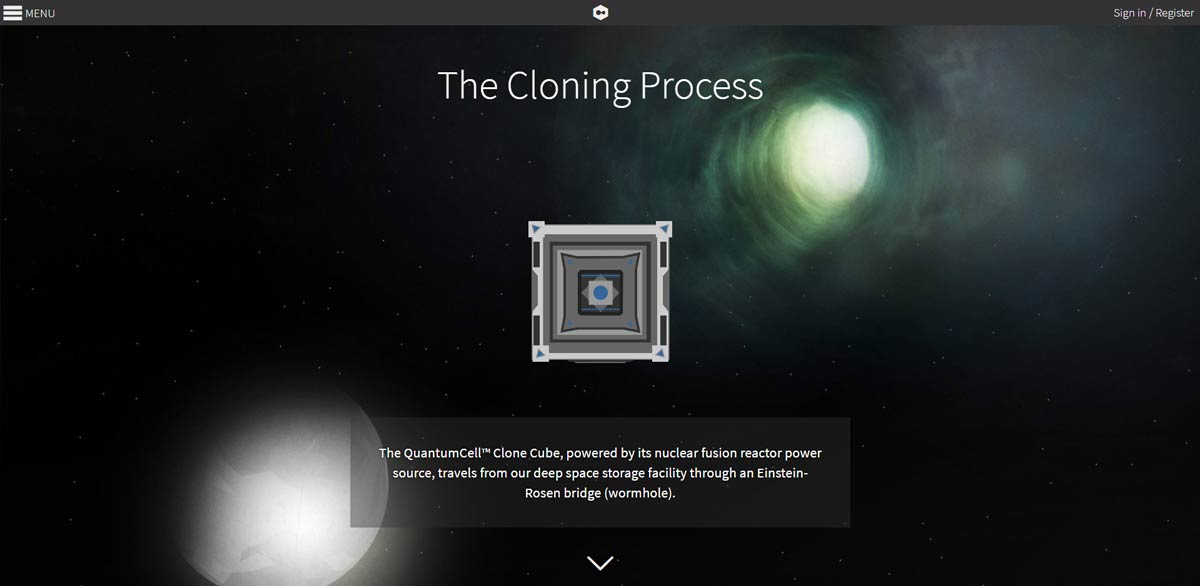 A full-page scrollable story explaining the fictional cloning process (part 1 of 5).