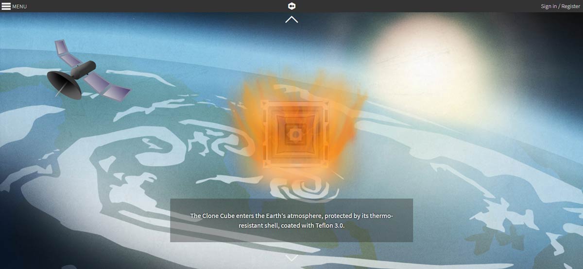 A full-page scrollable story explaining the fictional cloning process (part 2 of 5).