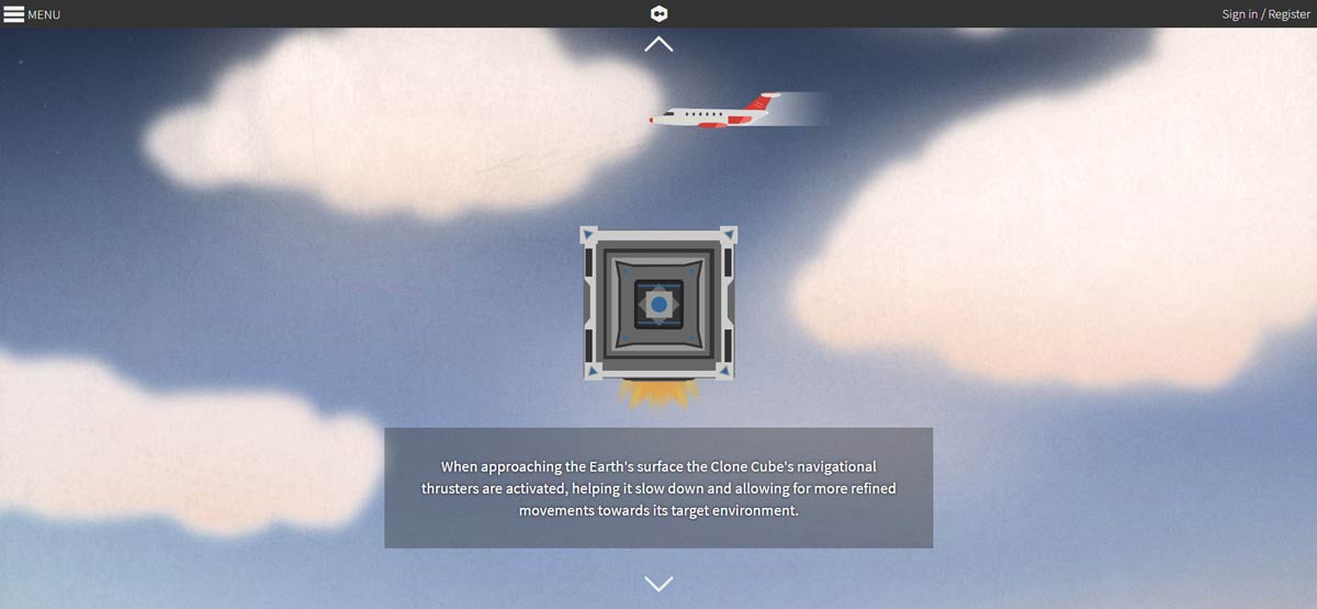 A full-page scrollable story explaining the fictional cloning process (part 3 of 5).