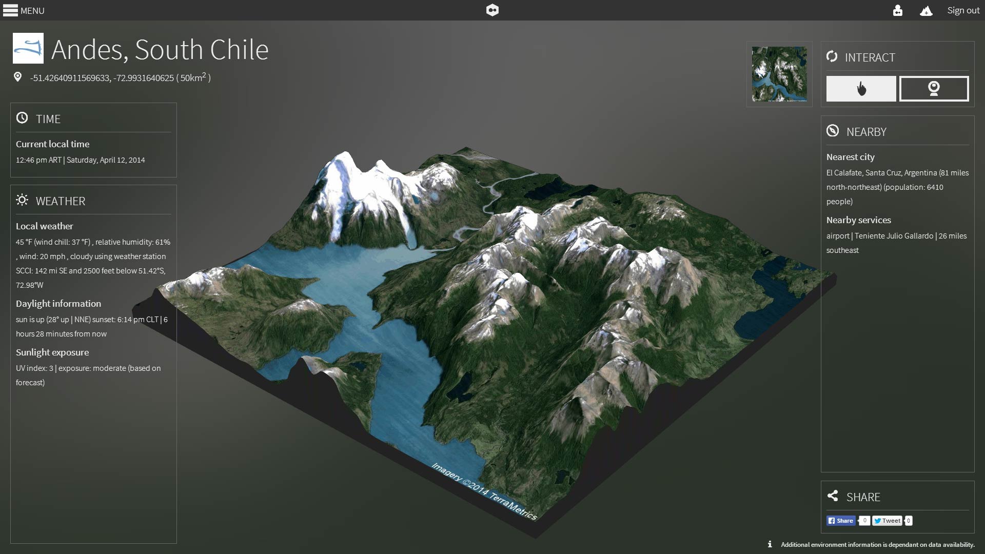 A 3D topographical model of the selected section is generated programmatically and rendered using ThreeJS. The user can interact with the model using their mouse, touchscreen or waving gestures in front of a webcam. Local data about the environment and its surrounding area are pulled from WolframAlpha's API.