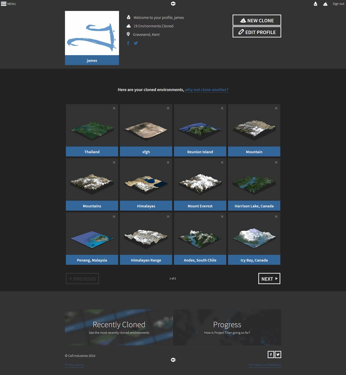 Cloned environments are displayed on the user's profile page.