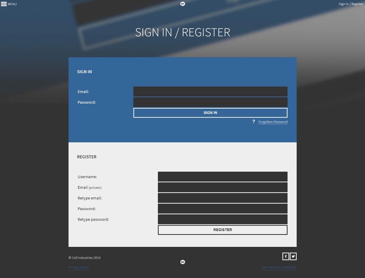 Sign in / Register page.
