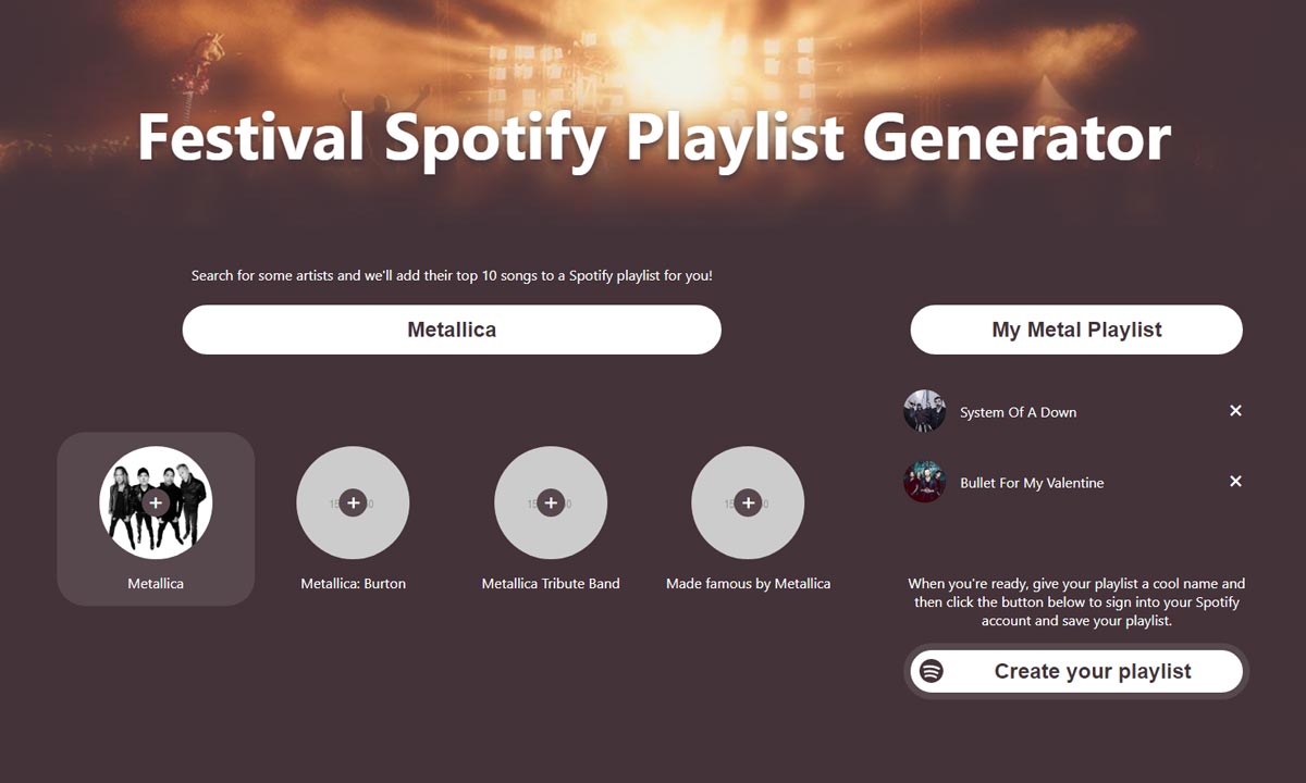 The main app interface allows users to search for artists and add them to their playlist.