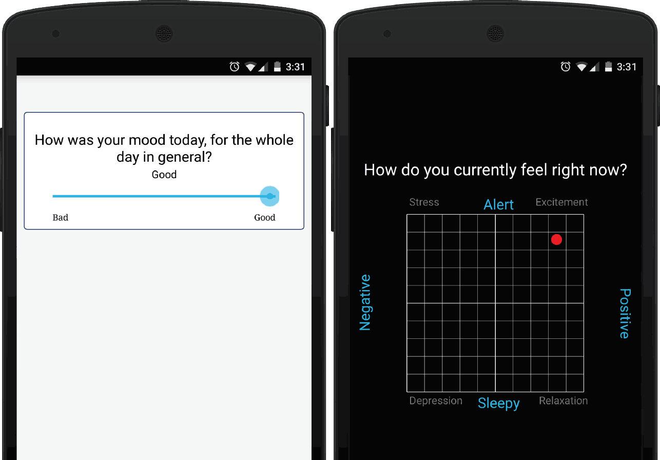 Surveying the participant's mood (left) and affect (right) within the EasyM application.