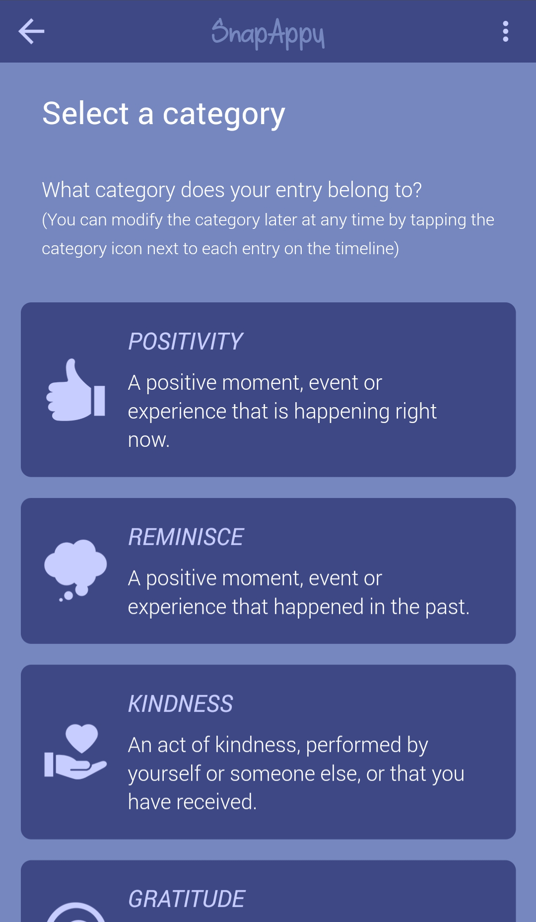 When taking a photo for a new entry, it must be assigned to a category corresponding to its type of positive experience.