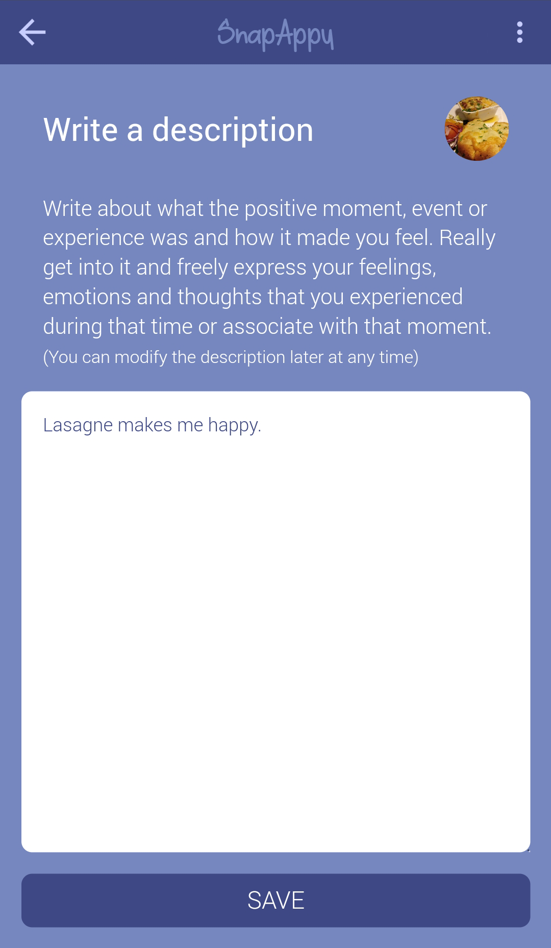 After assigning the photo to a category, one can write a description describing how the event made them feel.