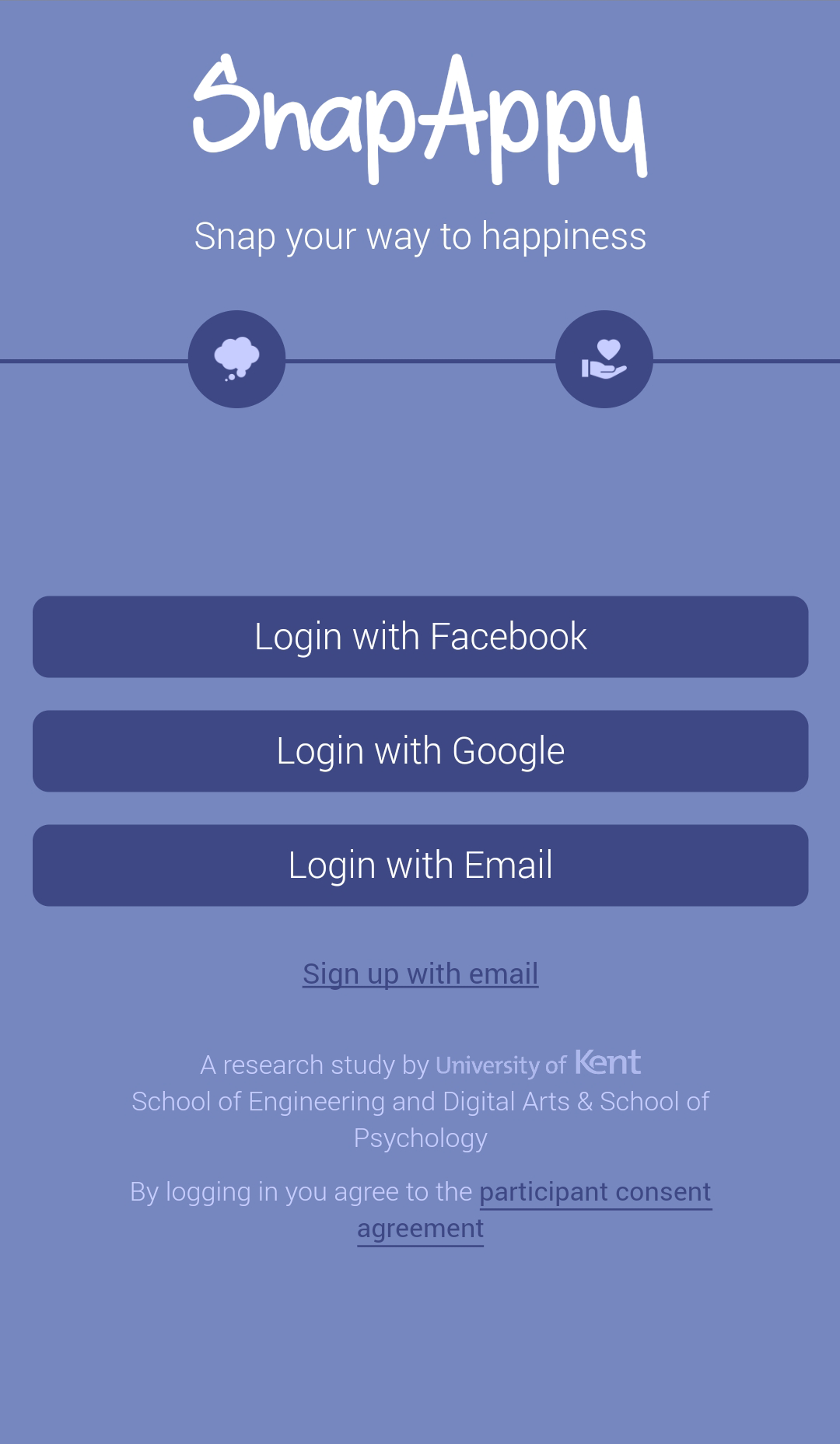 Participants can log in to the app using either Facebook, Google or an email and password.