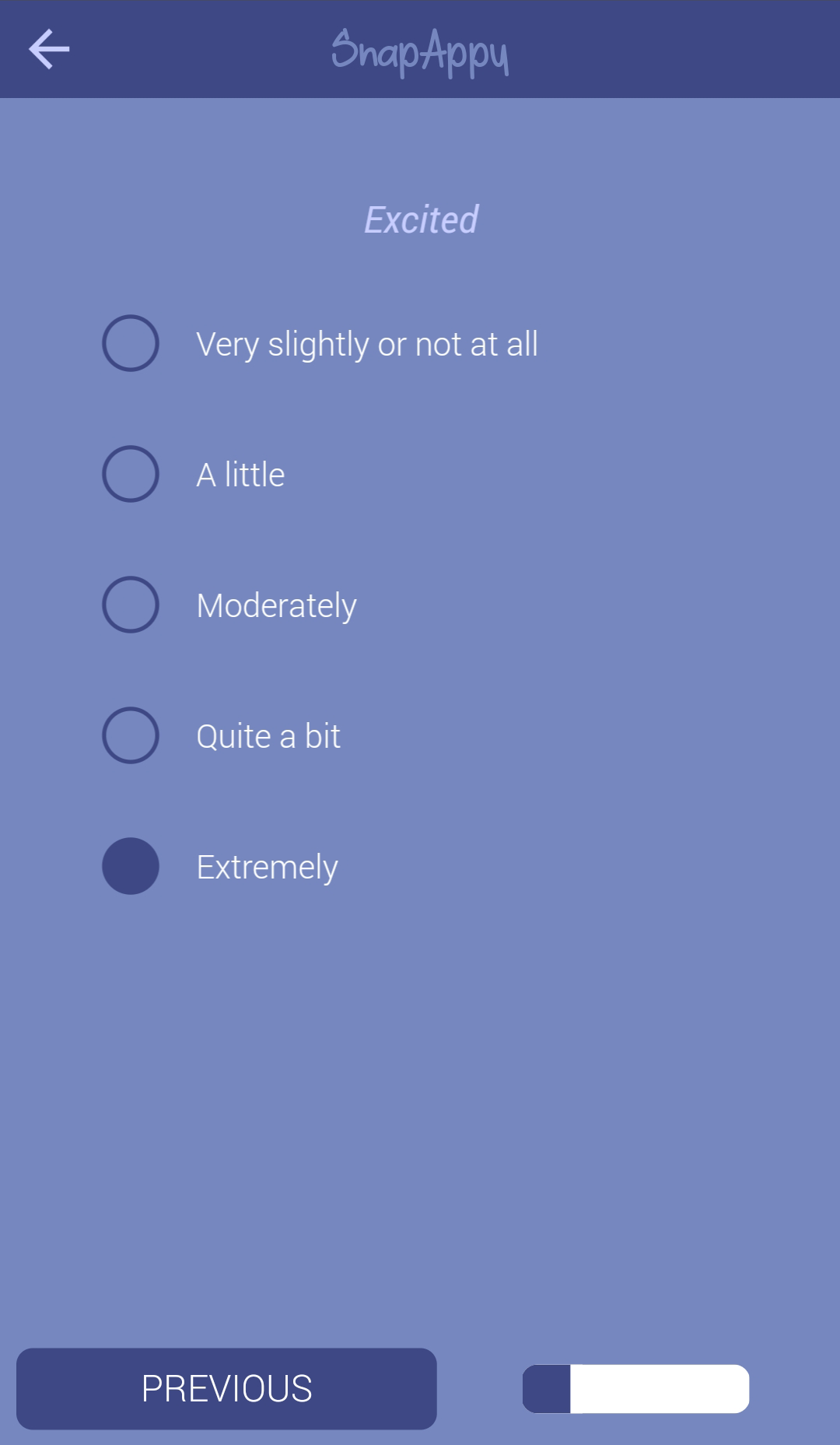 The survey screen showing one affective state and the various answers from the PANAS survey.