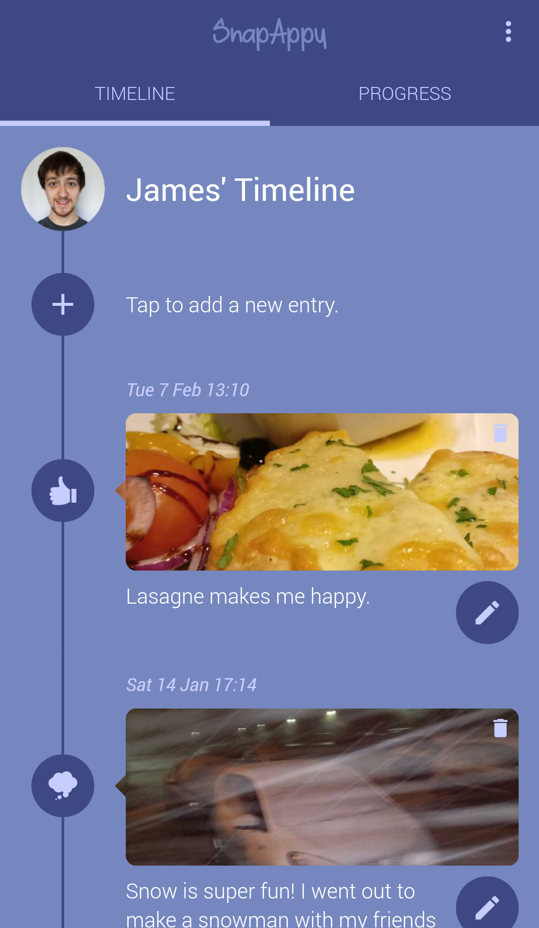 Entry photos, categories and descriptions can be viewed on the timeline screen.