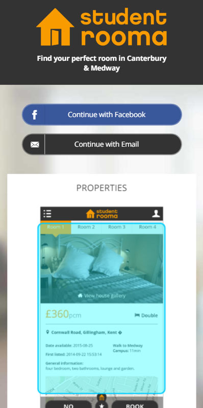 The Student Rooma web app login screen. Users could login using Facebook or email and password.