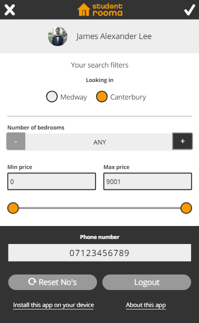 On the user's profile page, they could filter their search results and enter their contact information for landlords to get in touch.