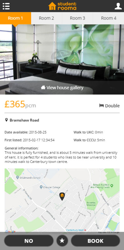 The property screen displayed information about the property including a photo gallery, rent, location and availability. Tapping BOOK would send their contact details to the landlord. Tapping NO would show the next property. Tapping the star would save the listing to their favourites to review later.