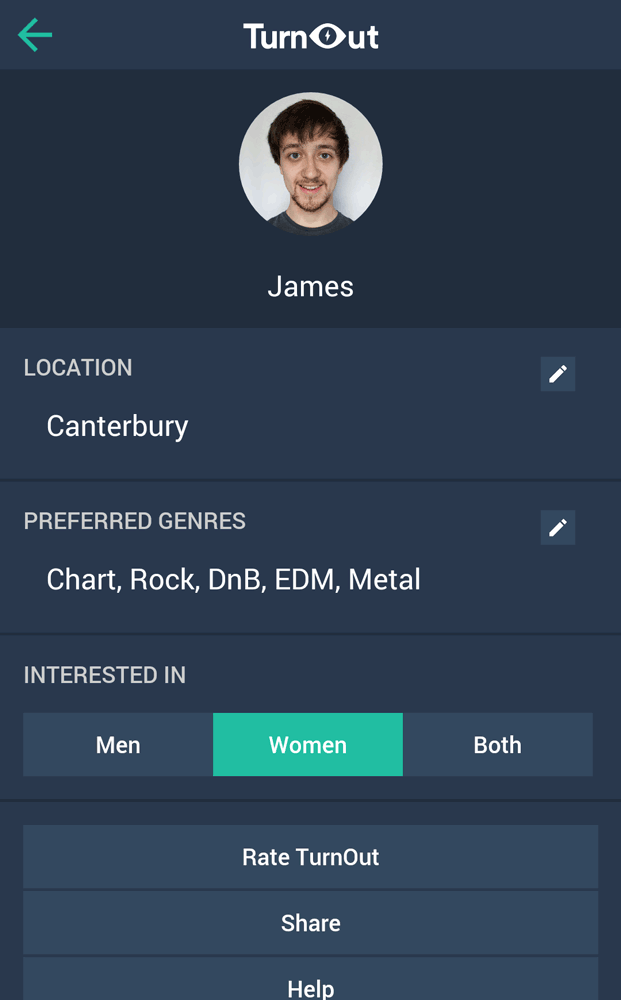 The settings screen allowed users to set their preferred genres and sexual preferences which would contribute to the recommendation algorithm.