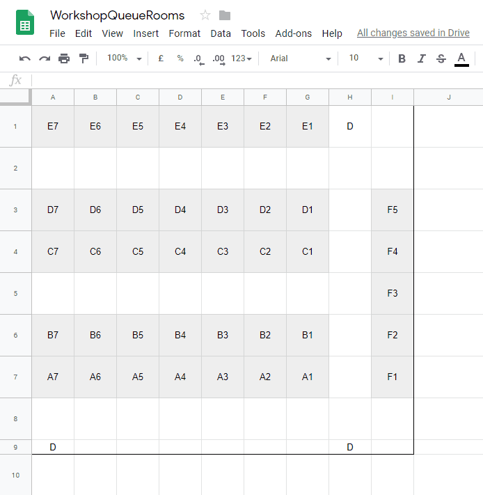A spreadsheet is used as a familiar interface to lay out the seat maps. Cells with an identifier become seats and cells containing 'D' are marked as doors/exits.